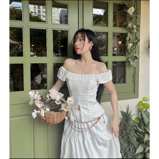 Áo Trễ Vai Tay Ngắn Đính Nơ, Áo Kiểu Xinh Tiểu Thư Màu Trắng Brandy Coquette - ĐIỆU BOUTIQUE