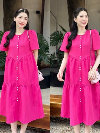  Váy bầu cộc tay cổ tròn dáng babydoll suông rộng thiết kế 3 tầng thời trang vải đũi gân mềm mát 
