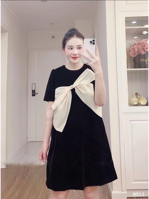 Váy bầu cộc tay cổ tròn dáng suông dài đính nơ thời trang, đầm bầu vải đũi lụa mềm mát V36