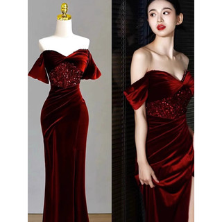 Đầm dự tiệc dạ hội LILYSTORE body nhung trễ vai kim sa sẻ đùi full size s/m/l/xl