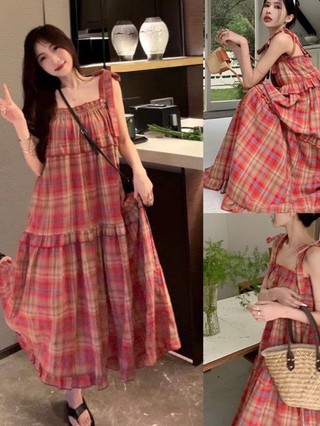 Đầm Vintage Hai Dây Buộc Vai Kẻ Đỏ Xếp Tầng Váy Hai Dây Dáng Suông