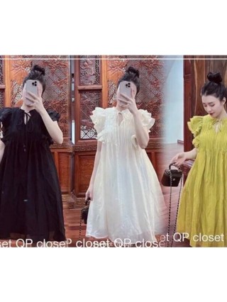 Váy bầu dự tiệc tay bồng cánh tiên cổ thắt nơ thời trang, đầm bầu form suông xếp ly mùa hè V09