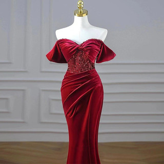 Đầm dự tiệc dạ hội LILYSTORE body nhung trễ vai kim sa sẻ đùi full size s/m/l/xl