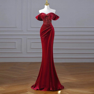 Đầm dự tiệc dạ hội LILYSTORE body nhung trễ vai kim sa sẻ đùi full size s/m/l/xl