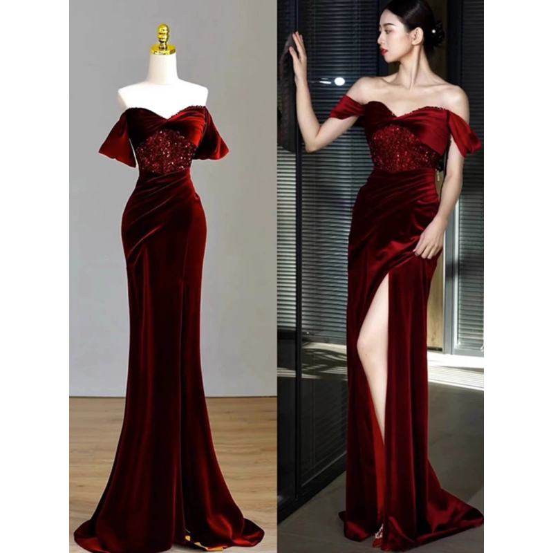 Đầm dự tiệc dạ hội LILYSTORE body nhung trễ vai kim sa sẻ đùi full size s/m/l/xl