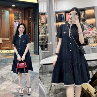 Váy Kẻ Đuôi Cá Cổ Tàu Viền Ren Thêu Nơ, Váy Bầu Dáng Suông Phối Màu Sang Chảnh, Thời Trang Nữ hottrend