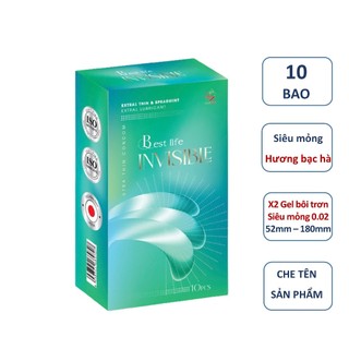 Bao cao su siêu mỏng trơn nhiều gel bôi trơn Best Life Invisible hương bạc hà mát lạnh hộp 10 pcs