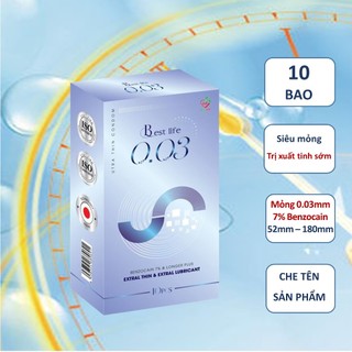 Bao cao su siêu mỏng kéo dài thời gian Best life 0.03 nhiều gel bôi trơn chứa 7% benzocain trị xuất tinh sớm hộp 10 cái