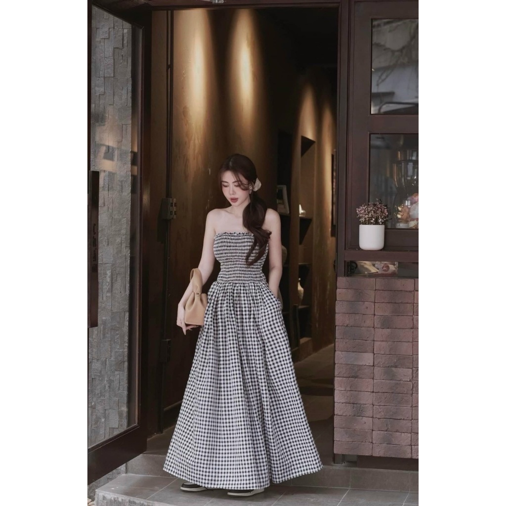 Đầm ống cúp ngực nhún thun dáng xòe trắng đen, đầm váy maxi bo chun dáng xòe thiết kế sang chảnh cho nàng đi biển-MP | BigBuy360 - bigbuy360.vn