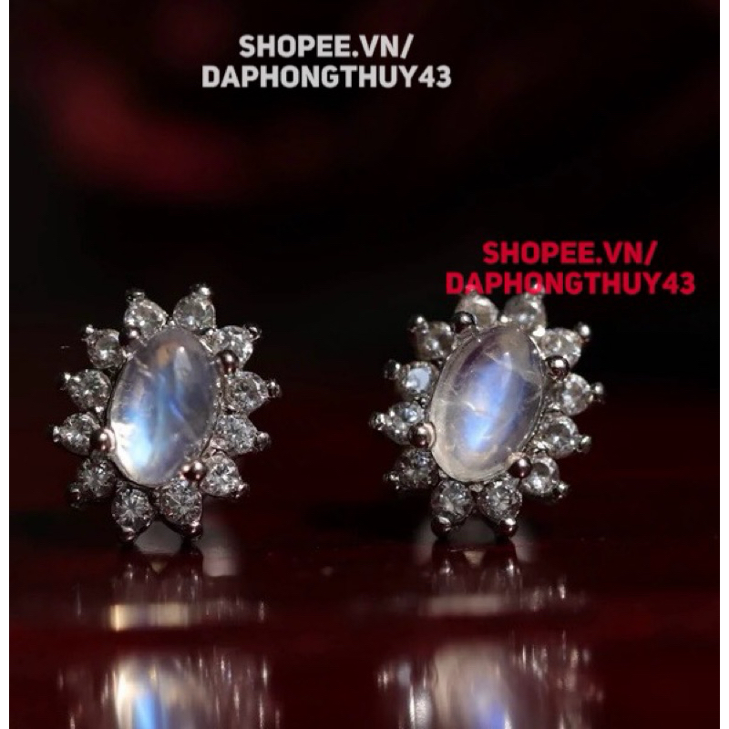 Hoa tai mặt trăng moonstone kiểm định xanh rõ mạnh