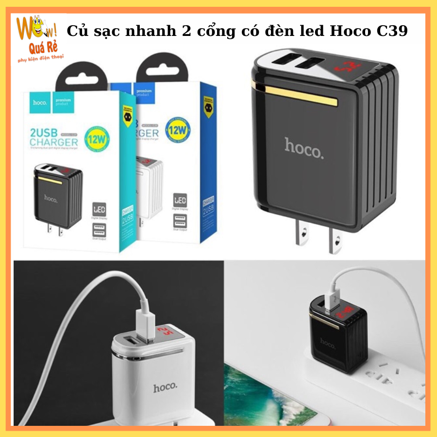 Củ sạc nhanh 2 cổng có đèn led Hoco C39 - hàng chính hãng