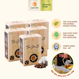 Combo 5 hộp Trà gạo lứt Quê Việt + Tặng bộ ấm thủy tinh pha trà Quê Việt (5 Hộp x 600gr)