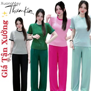 Đồ bộ thun gân mặc nhà, quần ống rộng suôn, áo sọc nhỏ tay áo cộc đơn giản, size 45-75kg - TK0602