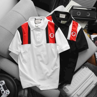 Áo Thun Nam Cổ Bẻ Phối Sọc Thêu Logo, Áo Polo Nam Guci Vải Cotton Co Giãn Đàn Hồi Mềm Mịn Thoáng Mát.