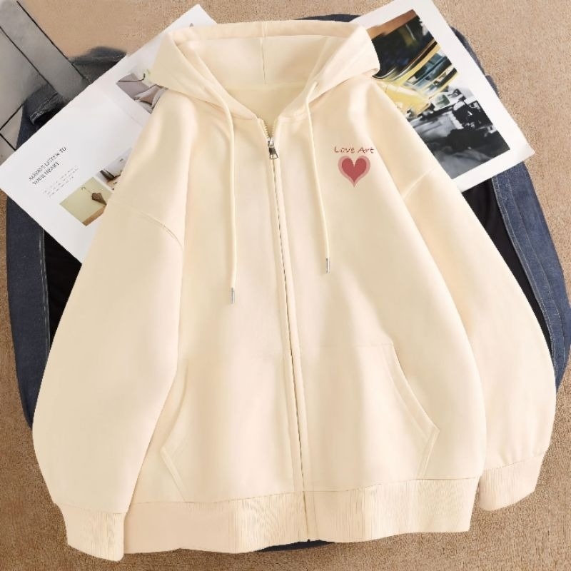 Áo khoác nỉ mũ trùm hai lớp logo Love Art Tim Đỏ basic phong cách Hàn QUốc hottrend 2024