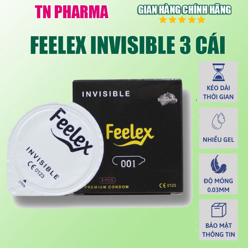 Bao cao su Feelex Invisible siêu mỏng, nhiều gel bôi trơn, hương dâu, nhỏ gọn - hộp 03 chiếc
