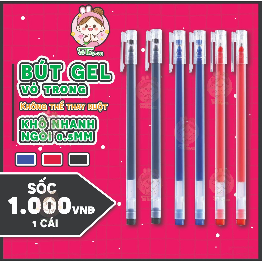 Combo 20 Bút gel , Bút bi mực nước vỏ trong ngòi 0.5mm CoThuy.vn dành cho học sinh BG03