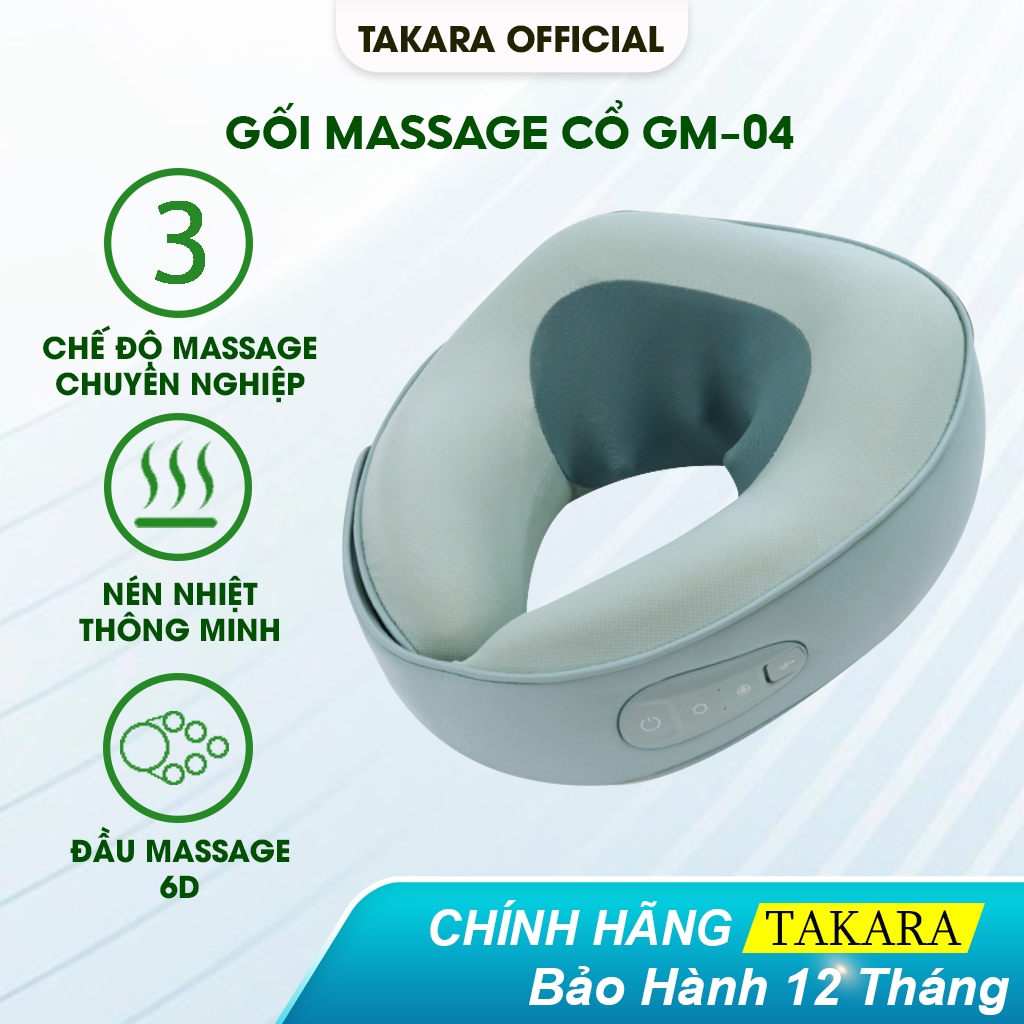 Gối Massage Cổ Cao Cấp TAKARA GM-04, Máy Mát Xa Cổ Chữ U Với 3 Mức Nhiệt Chườm Nóng Giảm Đau Mỏi