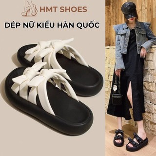Dép Nơ Nữ, Dép Nữ Quai Chéo Kiểu Hàn Quốc Đế Cao 3Cm Chất Da Mềm Mịn Chống Trơn Trượt Siêu Xinh HMT Shoes