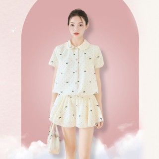 Set bộ áo kiểu sơ mi chân váy nữ xoè, jumpsuit nữ cổ sen nơ chấm bi kèm quần Linly Store J-JS4