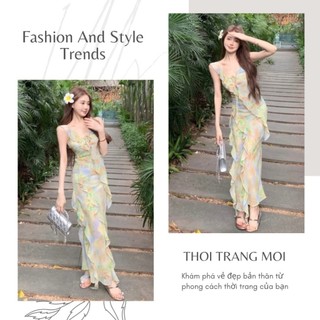 Đầm nữ dáng dài in họa tiết loang xanh vàng phối bèo