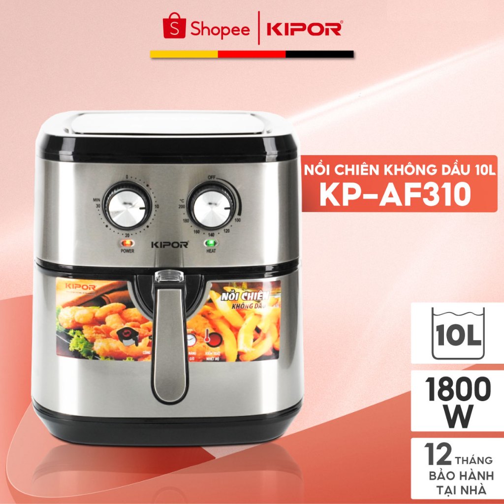 Nồi chiên không dầu 10L KIPOR KP-AF310, Điều khiển cơ RAPID AIR nướng đối lưu, Giỏ chiên chống dính