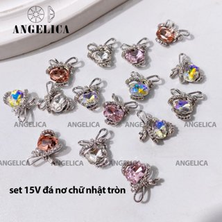 Set 12- 15 viên đá khối nơ đính nail trái tim chữ nhật bo trang trí móng ANGELICA