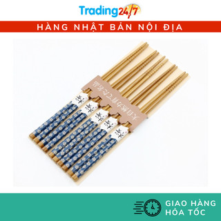 [Hỏa tốc HCM] Bộ 5 đũa mẫu hoa xanh làm bằng tre 22.5cm chống mốc, chống trơn trượt khi gắp Nhật Bản