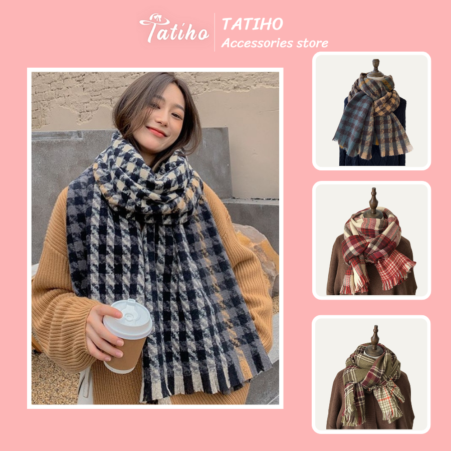 Khăn len choàng cổ unisex nam nữ, Khăn cashmere len giữ ấm thời trang thu đông họa tiết houndstooth độc đáo - Mã LN030