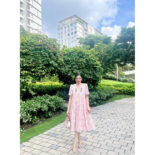 ĐẦM HỒNG CỔ THÊU HOA - BIMI