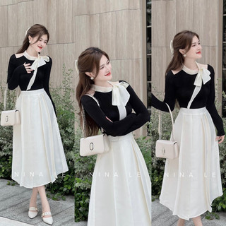 Set Váy Maxi Dáng Dài, Đầm Maxi phối áo zip buộc nơ Đi làm đi chơi Siêu Xinh