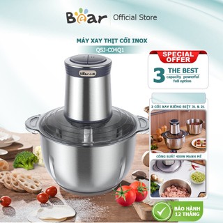 Máy xay thịt Bear QSJ-C04Q1 công suất 400W mạnh mẽ, 2 cối inox RIÊNG BIỆT, 2 bộ dao, xay rau của quả, xay thịt cá