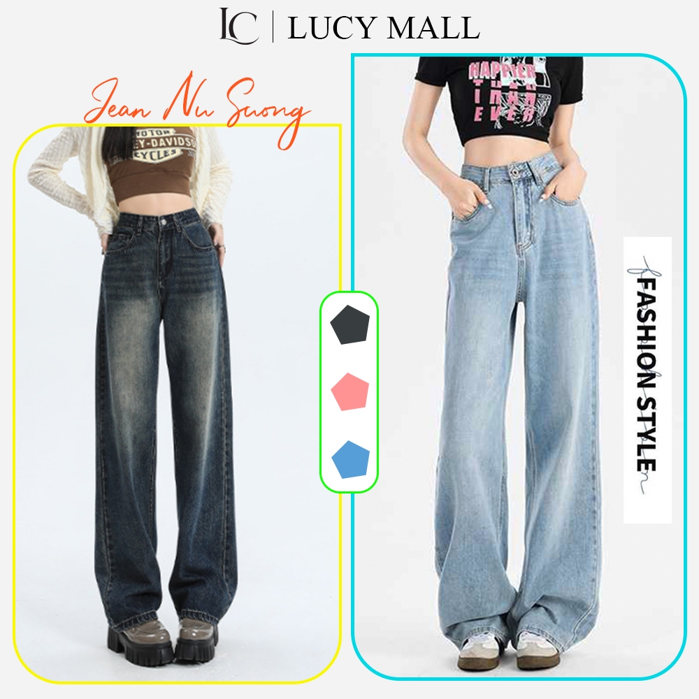 Quần Bò Jeans ống suông rộng xuông nữ Lucy cao cấp, Quần bò ống rộng lưng cao nữ màu Retro cá tính n