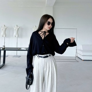 Áo sơ mi linen gân kiểu cách, áo sơ mi cột dây sang chảnh, thiết kế Dens. clothing