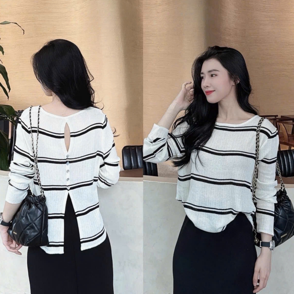 Áo len mỏng kẻ sọc hở lưng, áo cardigan cổ tròn dài tay Renee Store - AL1788 | BigBuy360 - bigbuy360.vn