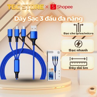   Xịn  Dây cáp sạc dù 3 đầu thông minh tự ngắt khi pin đầy cáp 3 đầu tránh chai phồng pin sạc nhanh ổn định -CarePhone 