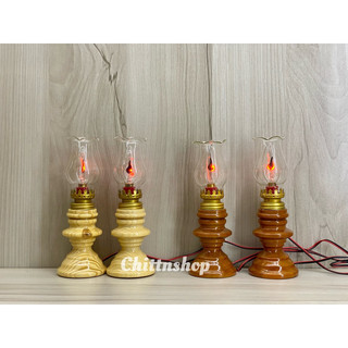 Cặp đèn dầu điện 220V - đèn gỗ + thủy tinh, đèn bàn thờ cao 20cm