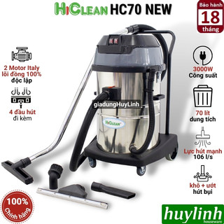 Máy hút bụi công nghiệp khô và ướt hiclean hc70 new - 70 lít - công suât 3000w - 2 motor độc lập