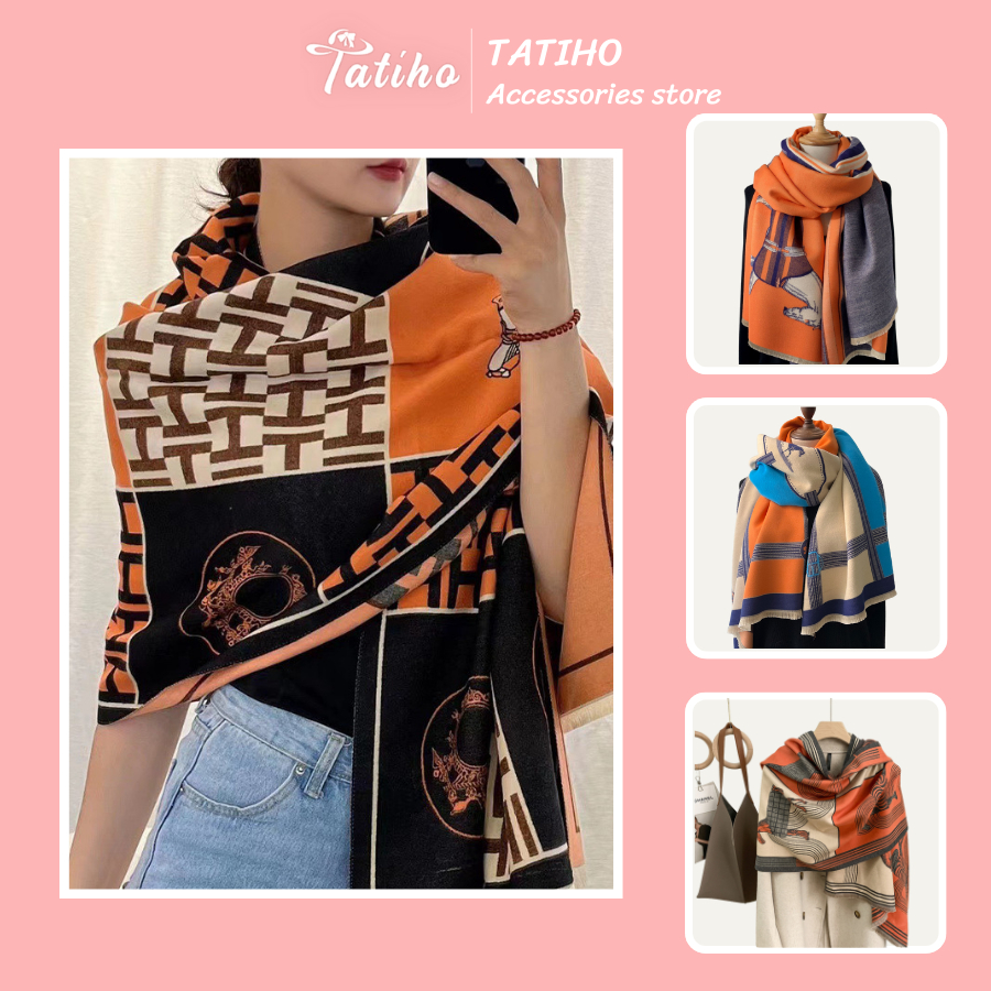 Khăn len choàng cổ nữ họa tiết cổ điển độc đáo cho thời trang thu đông, Khăn len Cashmere dày dặn giữ ấm tốt - Mã LN048