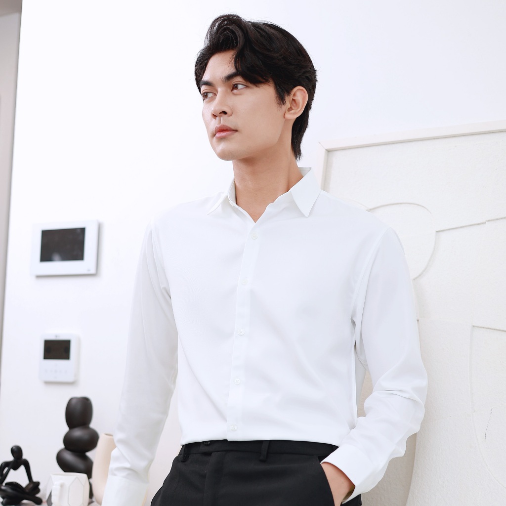Áo sơ mi nam tay dài Trắng Đen POLYS, Vải Chéo Thái dày dặn, co giãn, thoáng khí LONG SLEEVE | BigBuy360 - bigbuy360.vn