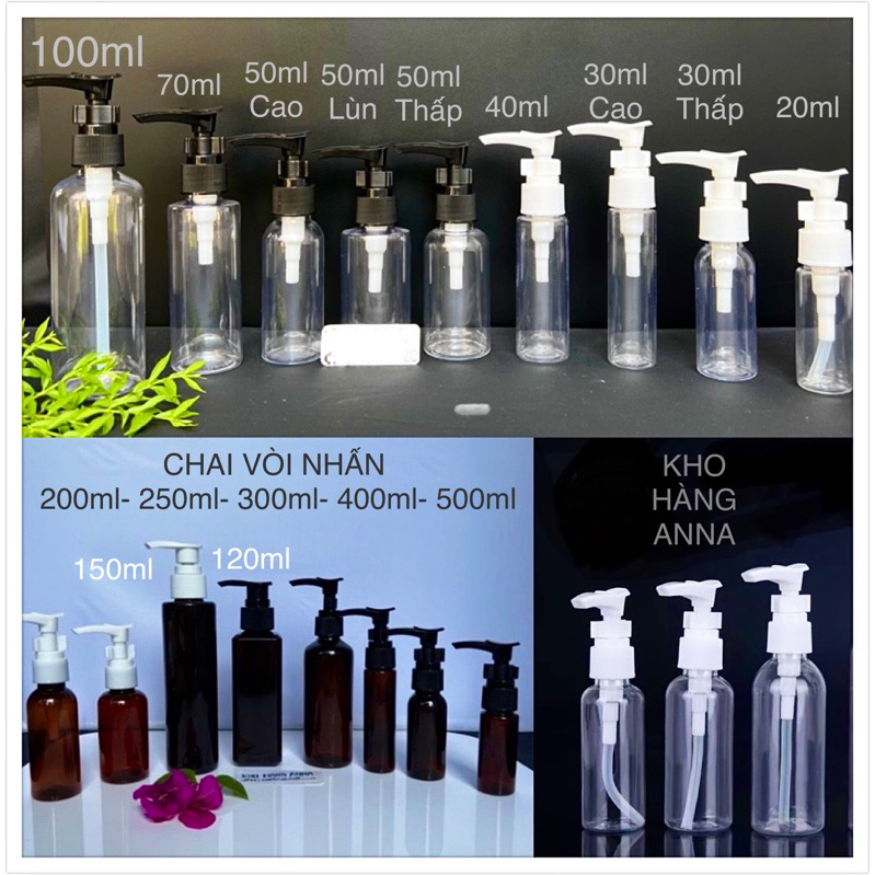 Chai pet VÒI NHẤN 100ml 50ml 30ml ( đủ size ,màu ) - Chai nhựa TRONG 200ml 300ml xịt giọt đựng dầu gội , chiết mỹ phẩm