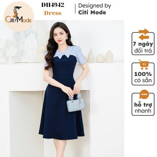 Đầm công sở CITI MODE FASHION thiết kế dáng xoè xanh cổ đức phối ngực kẻ DH4942