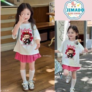 đồ bộ bé gái , set đồ bé gái hình Labubu áo phông trắng cổ tròn mix váy ngắn xòe màu hồng dễ thuong cho bé JIMADO D1838