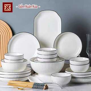 Bán lẻ Bộ bát đĩa Trắng Viền Đen Vân Sọc Cao Cấp Thương Hiệu Gốm Xuân Xưa, bộ chén dĩa, bát sứ