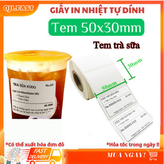 [1 Cuộn ] tem trà sữa (50x30) mm, Giấy in nhiệt tem trà sữa, tem decal ly
