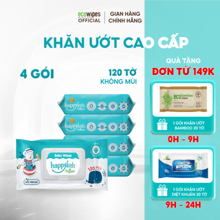 Combo 04 gói khăn ướt EcoWipes Happy Kids gói 120 tờ không mùi không parabens an toàn cho em bé