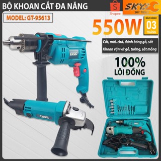 [TẶNG HỘP PHỤ KIỆN] Combo máy khoan+ mài góc, máy khoan đầu 13ly 550w có chế độ đấm, máy mài 750w phù hợp dùng gia đình