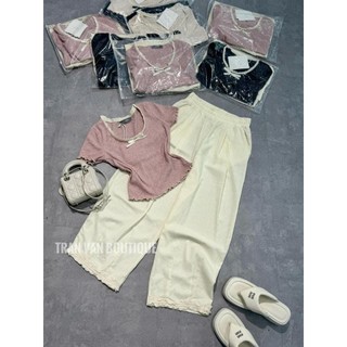 Set bộ áo thun ôm cổ vuông phối viền ren chất tăm thỏ mềm mix quần lennin ống rộng phối viền ren gấu