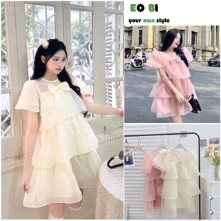 Váy babydoll voan tơ xếp tầng cổ nơ bồng bềnh, Váy công chúa bánh bèo tiểu thư ulzzang - EOBI