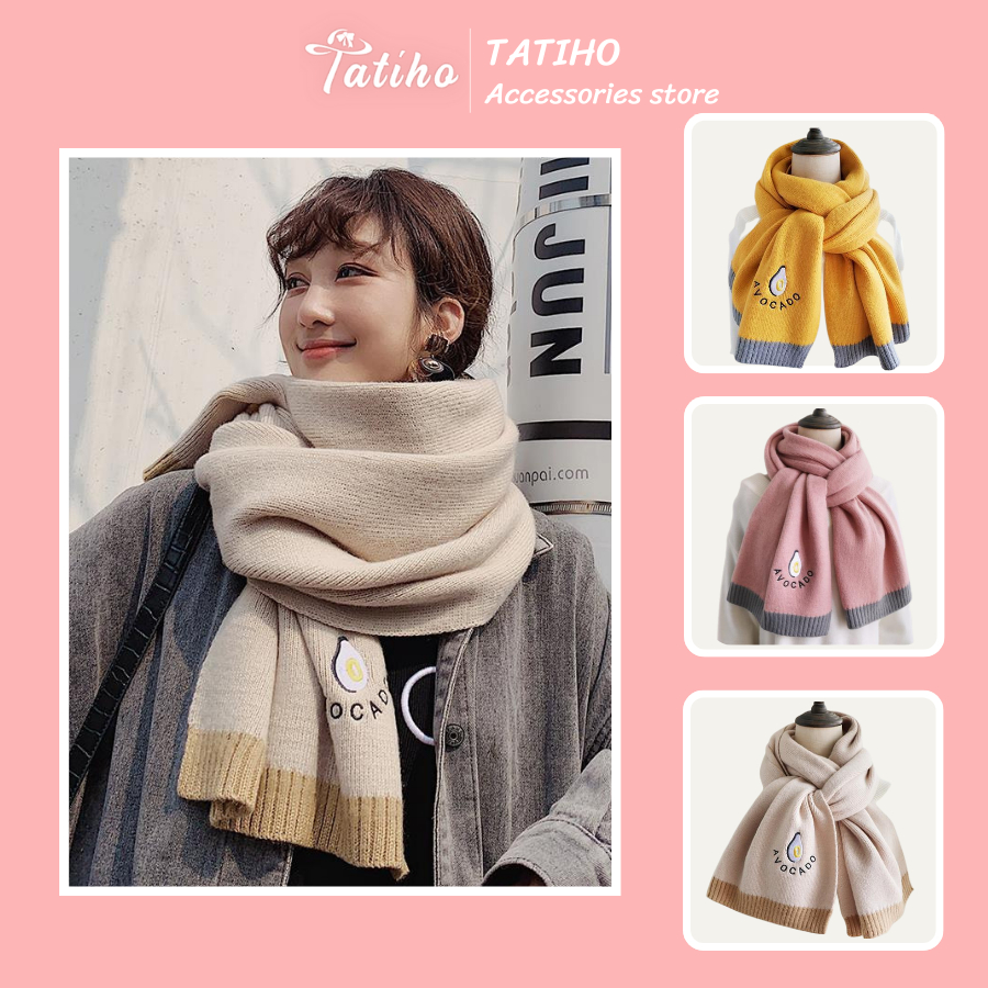 Khăn len choàng cổ unisex họa tiết trơn phối trái bơ chất đan dày dặn phong cách cute thời trang Hàn - Mã LN032